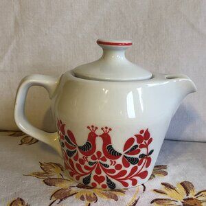 Vintage Hollohaza White with Red Rooster Small Ceramic Teapot or Creamer Hungary